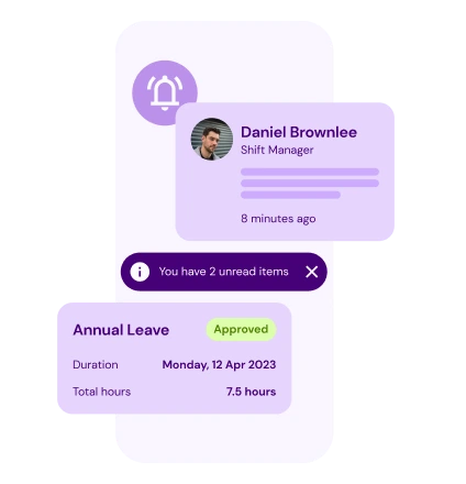 Purple-themed notification interface with messages. Top: "Daniel Brownlee, Shift Manager" alerts user of updates. Bottom: Annual leave approved, 7.5 hours on 12 Apr 2023.
