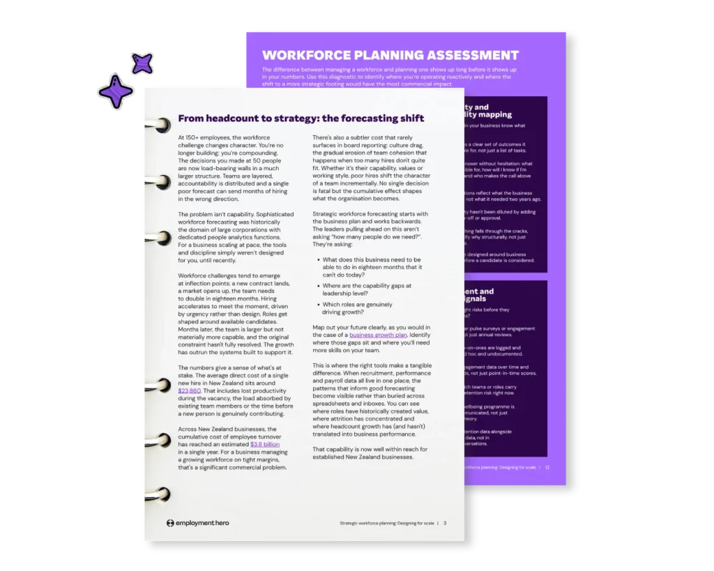Two overlapping documents on workforce planning. The top document is white with text titled 'From headcount to strategy: the forecasting shift,' featuring a ring binder style. The second document is purple with bold text titled 'Workforce Planning Assessment.' Both convey analytical and strategic themes related to business workforce management.