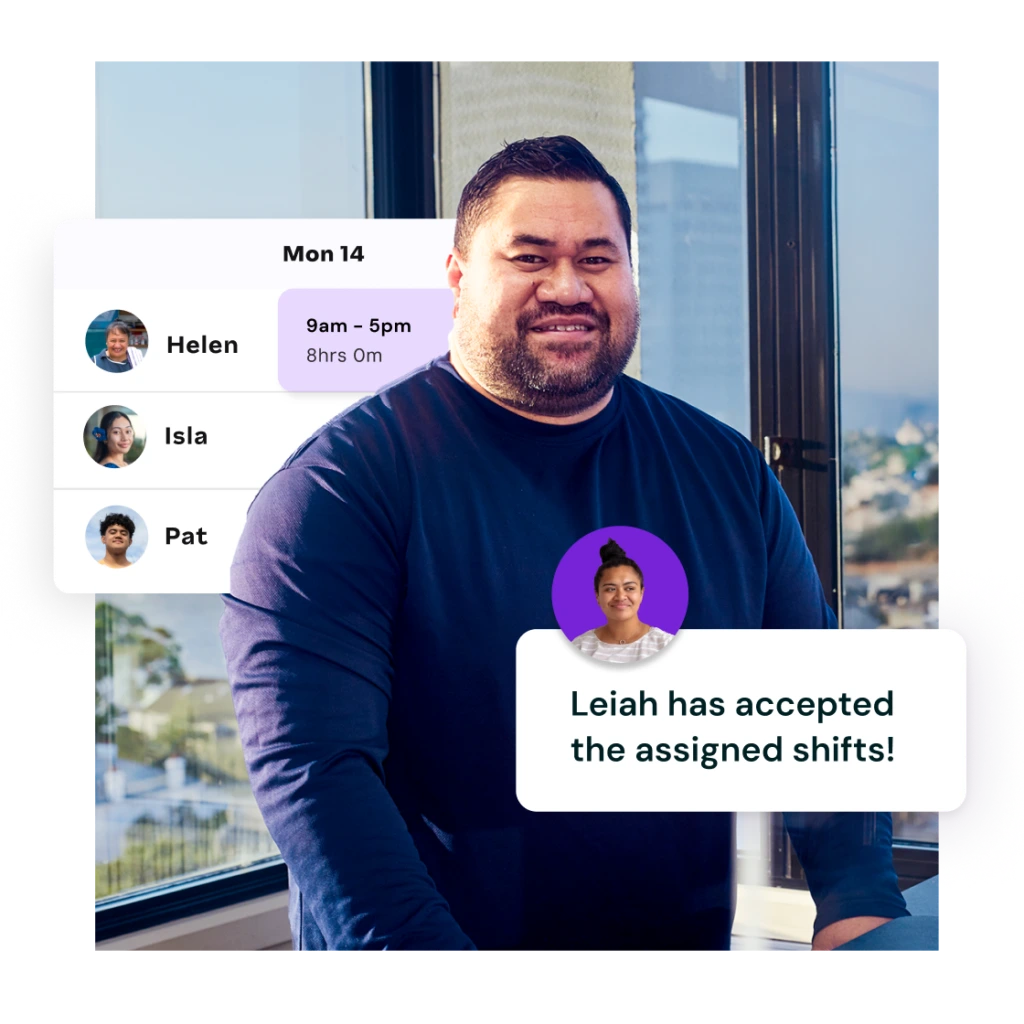 A smiling person stands by a window with a city view. Overlay shows a schedule for Helen from 9am to 5pm, and a notification says "Leiah has accepted the assigned shifts!"