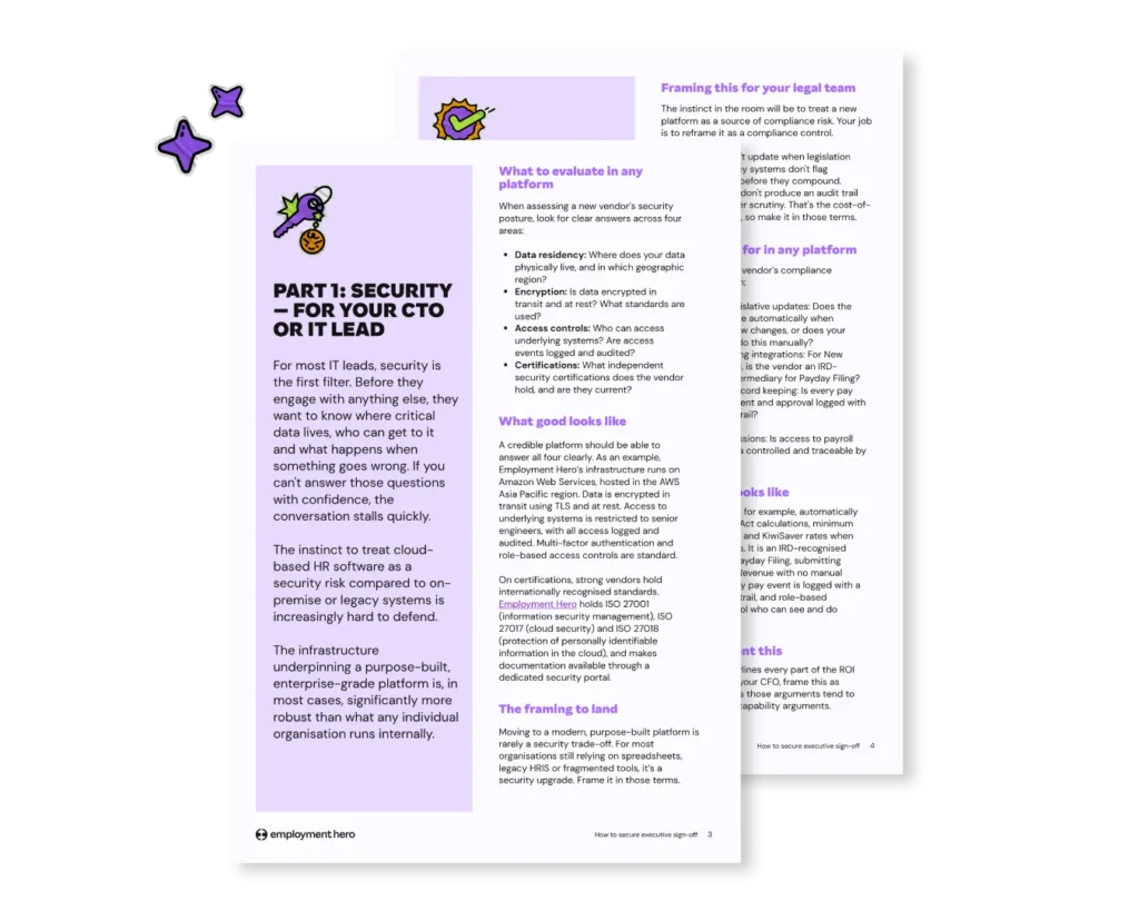 Two overlapping informational sheets with a focus on IT security management aimed at CTOs or IT leads. The left sheet highlights a section titled "PART 1: SECURITY – FOR YOUR CTO OR IT LEAD," with emphasis on critical data protection and vendor evaluation in cloud-based HR software. Decorative elements include a small icon of a badge and a gear. The overall tone is professional and informative.
