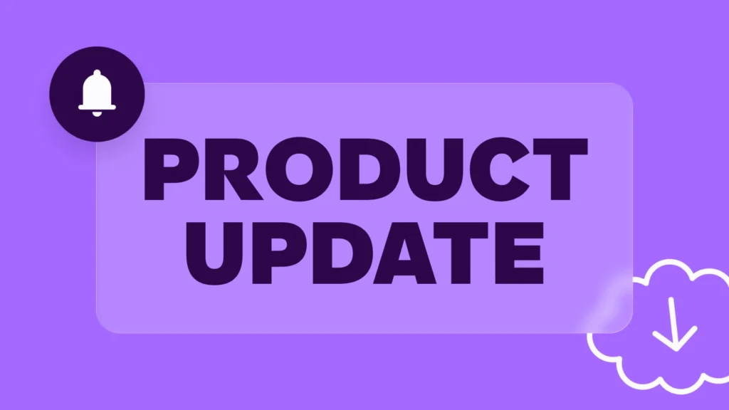Purple image with bold black text reading "PRODUCT UPDATE" centered. A white bell icon is on the top left, and a cloud with an arrow icon is on the right.