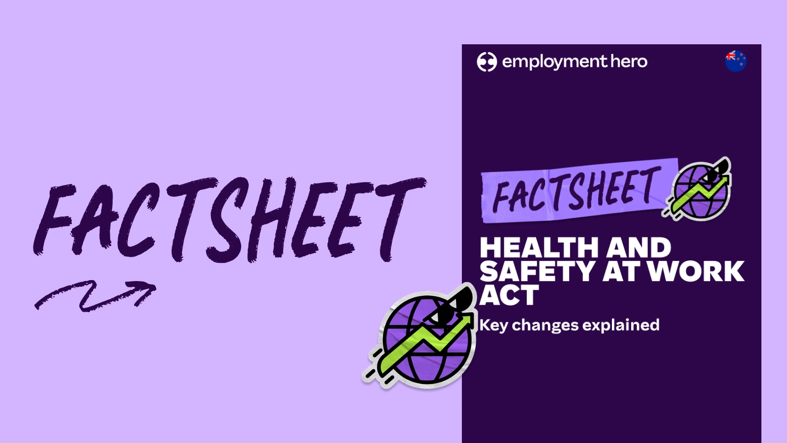 Alt text: "A purple-themed factsheet cover titled 'Health and Safety at Work Act: Key Changes Explained.' Includes a globe with an upward arrow and Employment Hero logo."