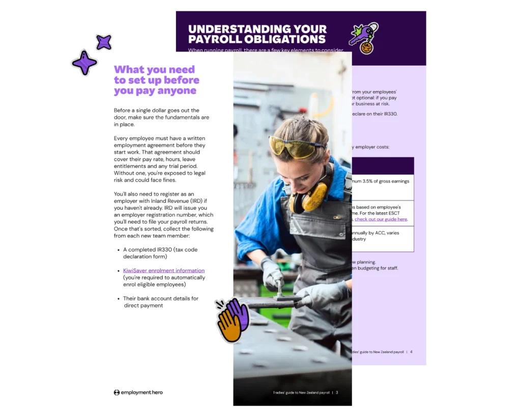 A document titled "Understanding Your Payroll Obligations" with a purple header and a two-page layout. On the left, it lists essential steps for employers to follow before paying employees, including having written agreements and necessary tax information. The right side features a woman in a workshop wearing safety goggles and gloves, focused on her work. The tone is informative and professional.