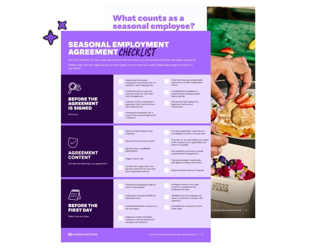 Purple checklist titled "Seasonal Employment Agreement" with sections for agreement steps, next to image of hands assembling tacos. Energetic and informative tone.
