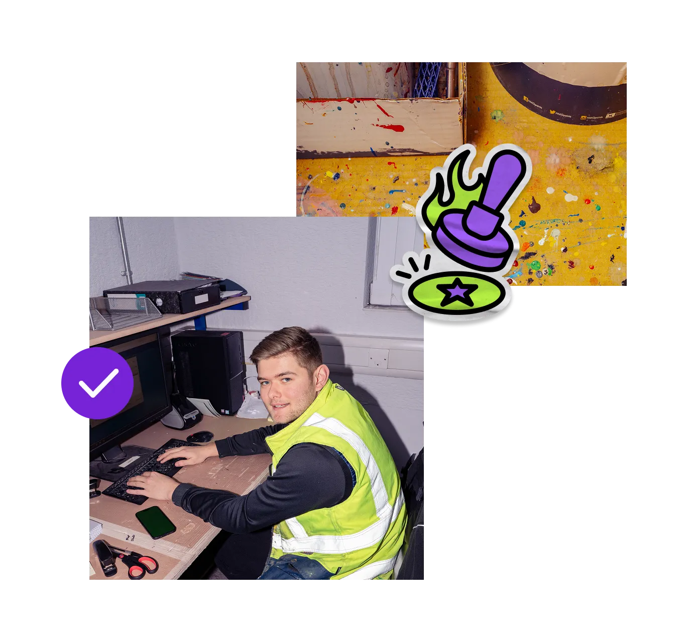 A layered graphic featuring a young man in a yellow high-visibility vest working at a computer desk, overlapping a background of a paint-splattered yellow surface. The image includes digital overlays of a purple circle with a white checkmark and a sticker-style icon of a purple rubber stamp with green flames stamping a star.