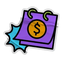 A sticker-style icon of a purple calendar page featuring a dollar sign inside an orange circle, set against a bright blue starburst shape.