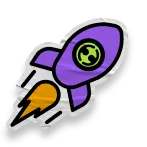 A sticker-style icon of a purple rocket ship blasting off with an orange flame, featuring a small green logo on the side.
