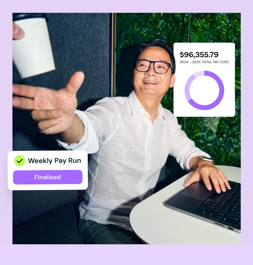 A framed image of a smiling man wearing glasses and a white shirt sitting at a laptop, reaching out his hand to accept a paper coffee cup. The photo includes digital UI overlays: a notification showing a finalized "Weekly Pay Run" and a dashboard card displaying a total pay cost of $96,355.79 alongside a purple donut chart.