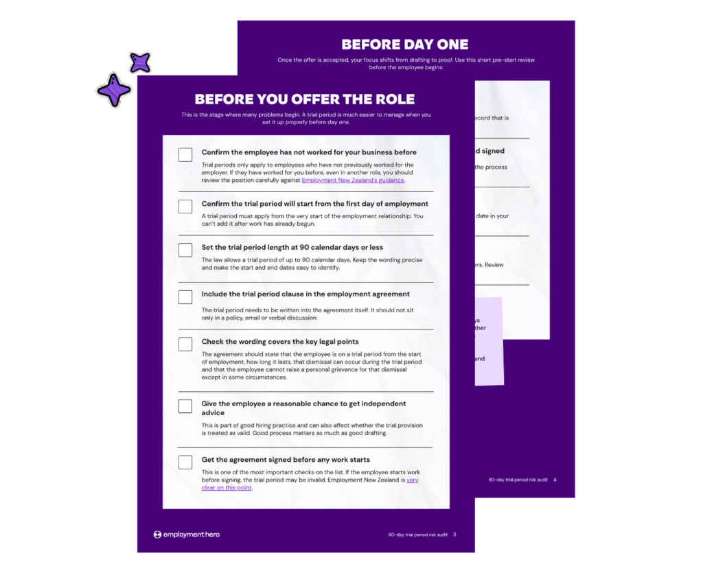 A stacked preview of two dark purple document pages on a black background. The front page features a white section titled "BEFORE YOU OFFER THE ROLE" containing a checklist with empty square checkboxes. The document text references New Zealand guidance, and two small purple star stickers are located in the top-left corner.