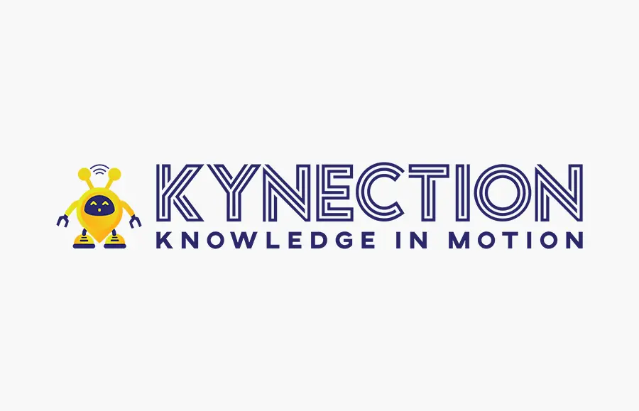 A yellow robot with antennas stands next to the text "Kynection" in bold purple, with the slogan "Knowledge in Motion" beneath on a black background.
