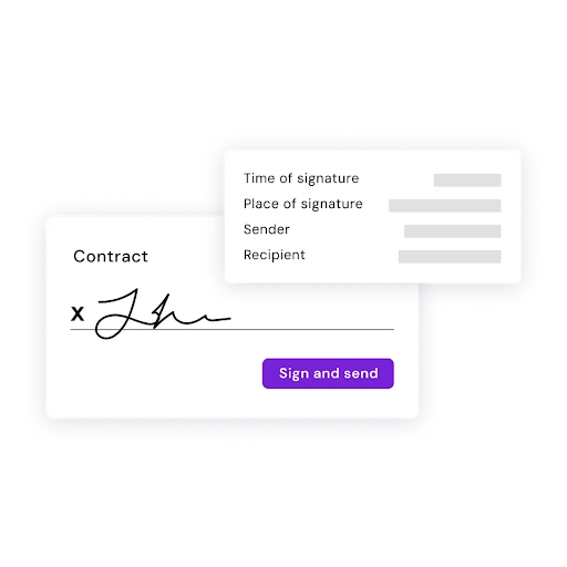A UI graphic displaying two overlapping white cards. The main card features a "Contract" section with a digital signature line containing a cursive signature, along with a purple "Sign and send" button. The top overlapping card displays metadata fields for "Time of signature," "Place of signature," "Sender," and "Recipient," each accompanied by a light grey placeholder bar.