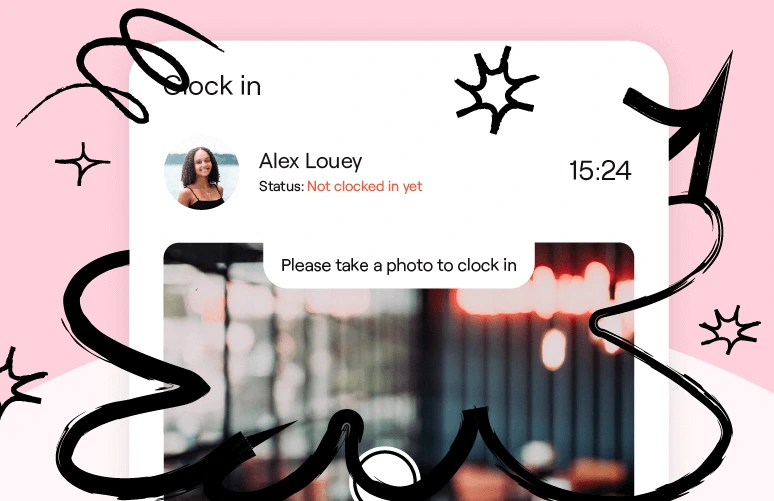 A mobile UI mockup for a "Clock in" feature set against a light pink background decorated with playful black doodle lines and stars. The white interface card displays an employee profile for "Alex Louey" alongside the time "15:24" and an orange status reading "Not clocked in yet." Below the profile information, a camera viewfinder showing a blurred indoor background prompts the user to "Please take a photo to clock in," complete with a circular capture button at the bottom.