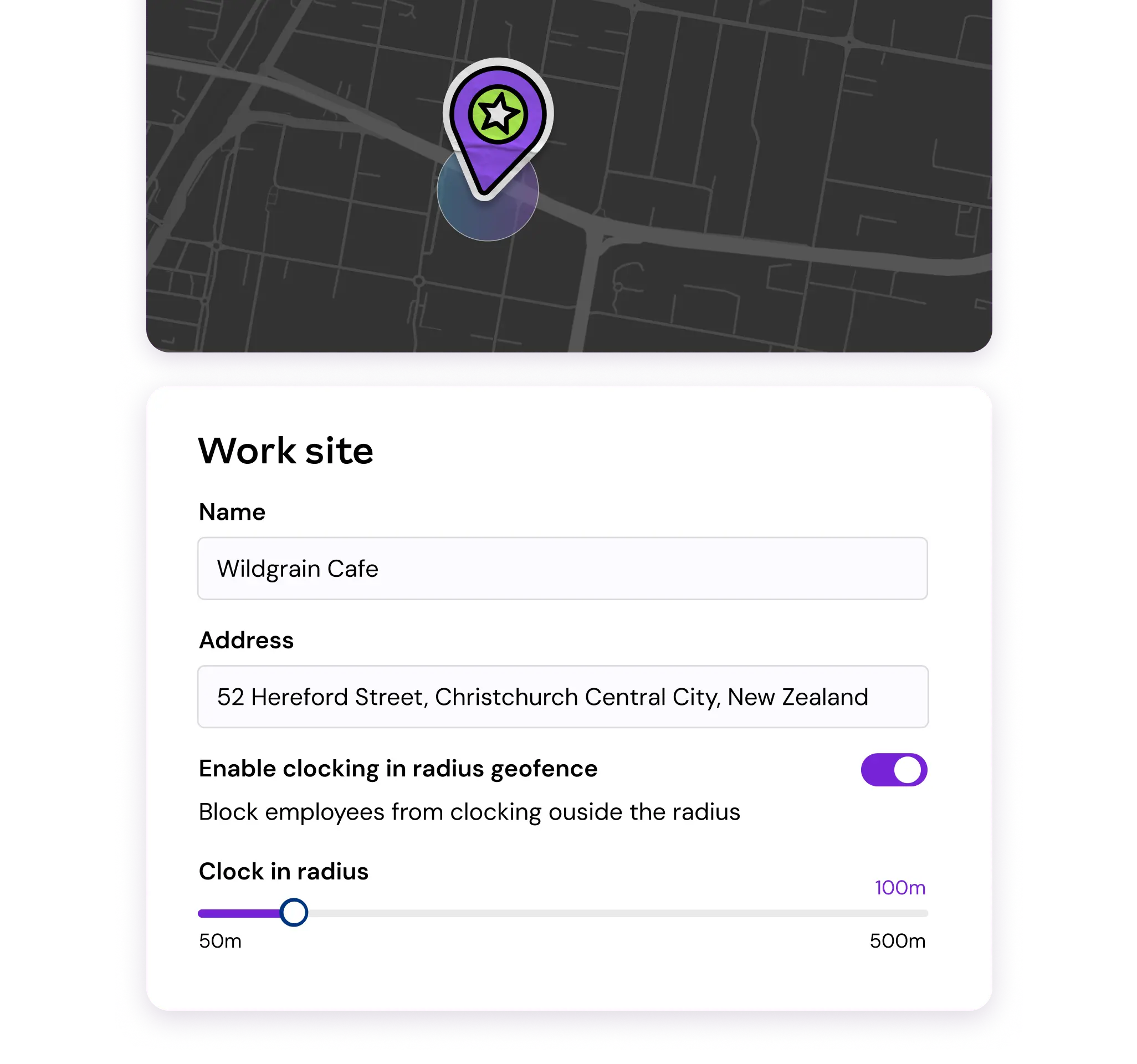 Mobile work-site settings screen showing a map pin over a Christchurch street map and a form for Wildgrain Cafe at 52 Hereford Street. Geofenced clocking is enabled, with a 100 m radius.