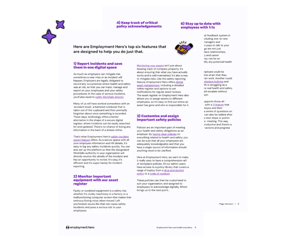 Preview of an Employment Hero document listing six key digital features for managing health and safety compliance in New Zealand.