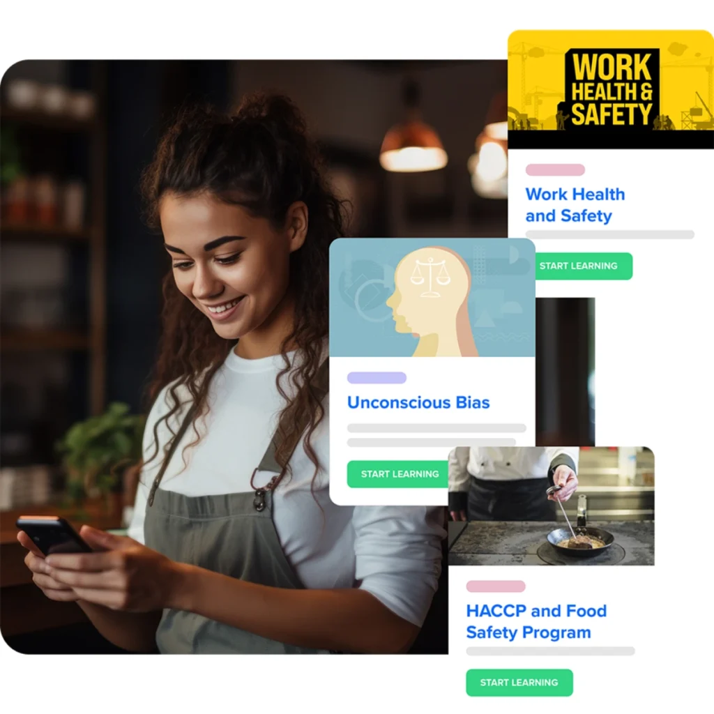 A smiling woman in a dark apron looks down at her smartphone, with three digital e-learning course cards overlaid on the scene for Work Health and Safety, Unconscious Bias, and HACCP and Food Safety Program, each displaying a green "Start Learning" button.