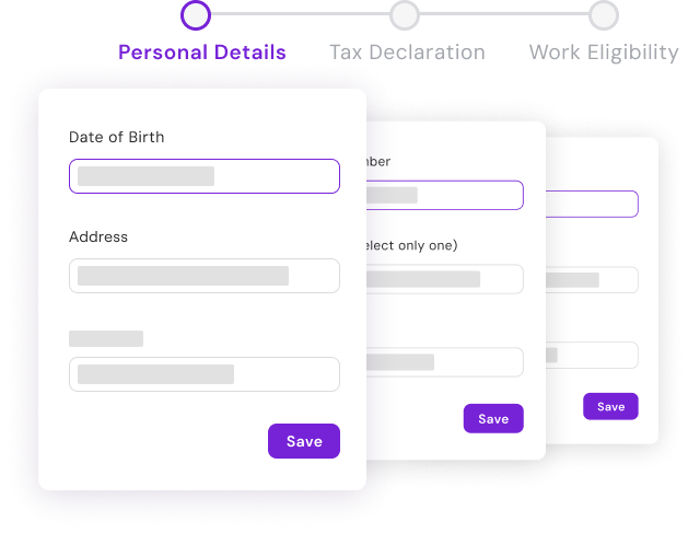 Employee profile steps — personal details, tax declaration and work eligibility forms