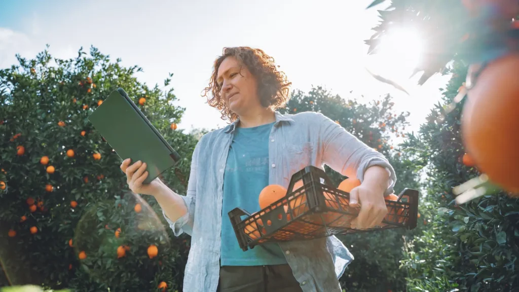 A smiling orchard worker holds a tablet and a crate of oranges among sunlit citrus trees, capturing a relaxed, productive harvest moment.