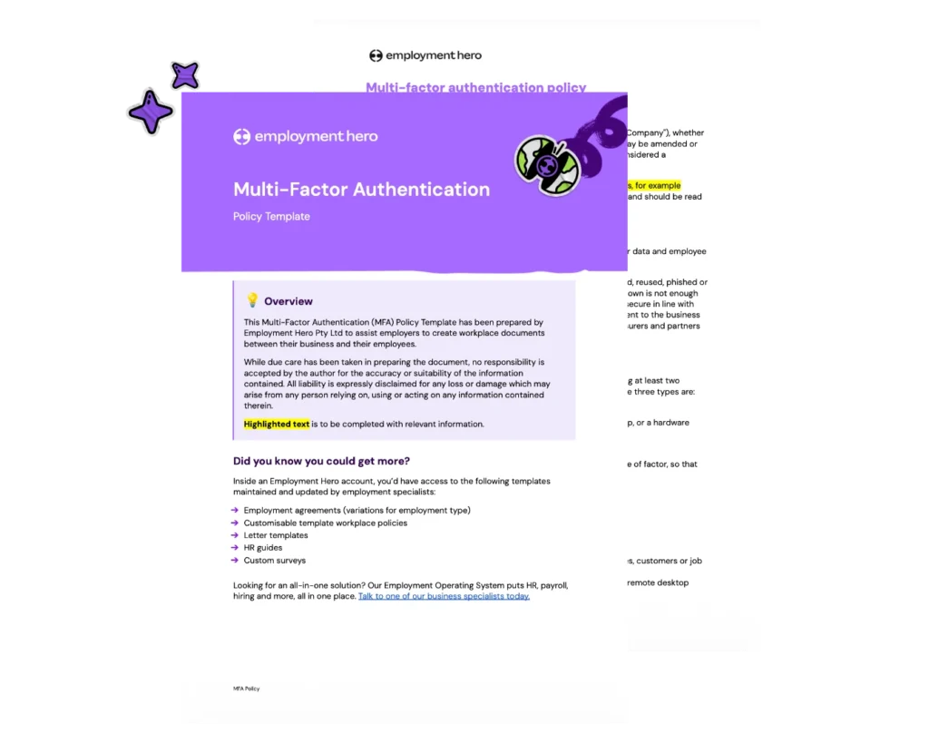 A preview graphic of an Employment Hero Multi-Factor Authentication Policy Template document, featuring purple branding and an overview section for employers.