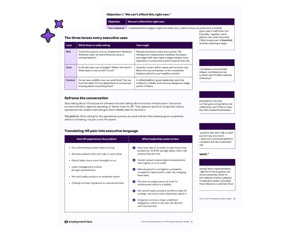 A document layout from Employment Hero outlining strategies to gain leadership buy-in for HR and payroll system updates, featuring structured decision tables and executive alignment points.