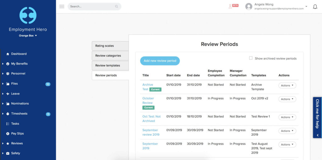 example of performance review software at Employment Hero