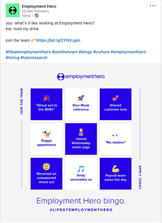 LinkedIn post of Employment Hero Bingo