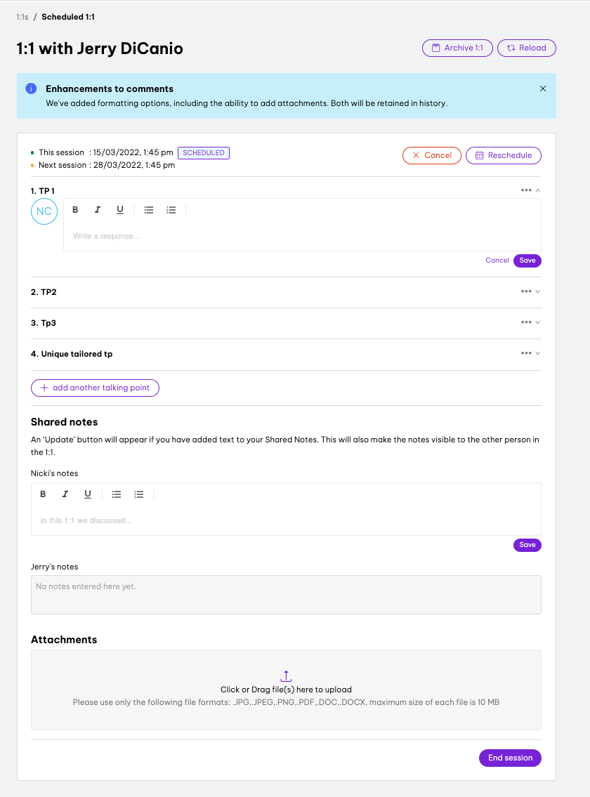 1 on 1 enhancements - meeting in employment hero