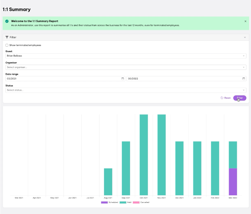 screenshot of 1 on 1 reporting summary employment hero