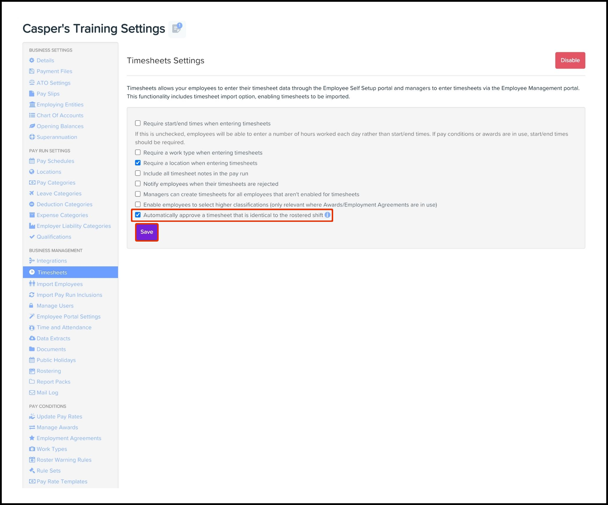 enable automatic approval of timesheets when they match the roster