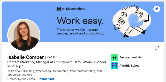 The Employment Hero designed banner on a personal LinkedIn page.