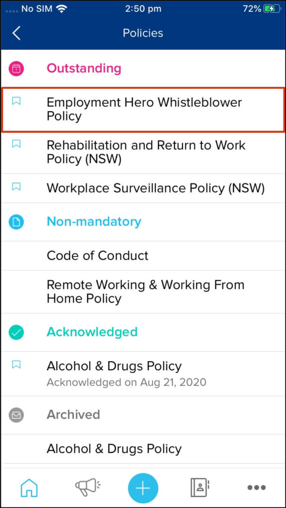 Screenshot of Policies on the Employment Hero app