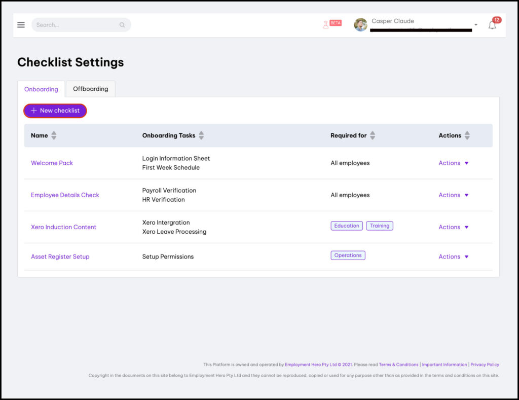 Screenshot of the efficient onboarding checklists on Employment Hero app