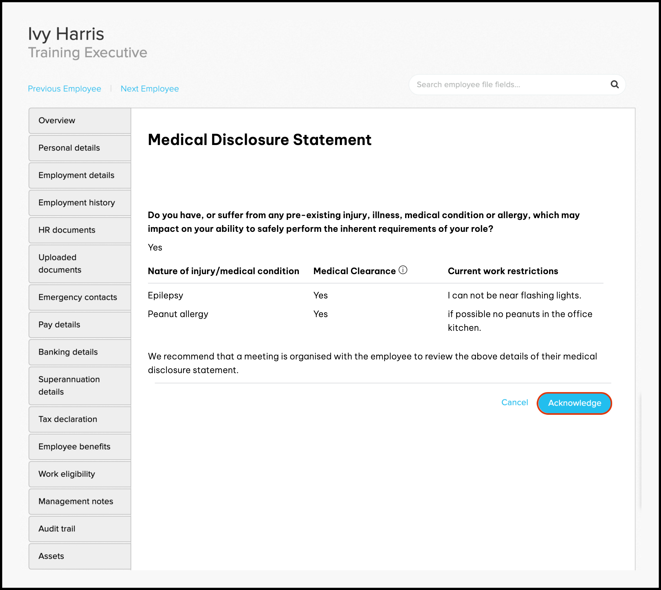 Medical disclosure statement