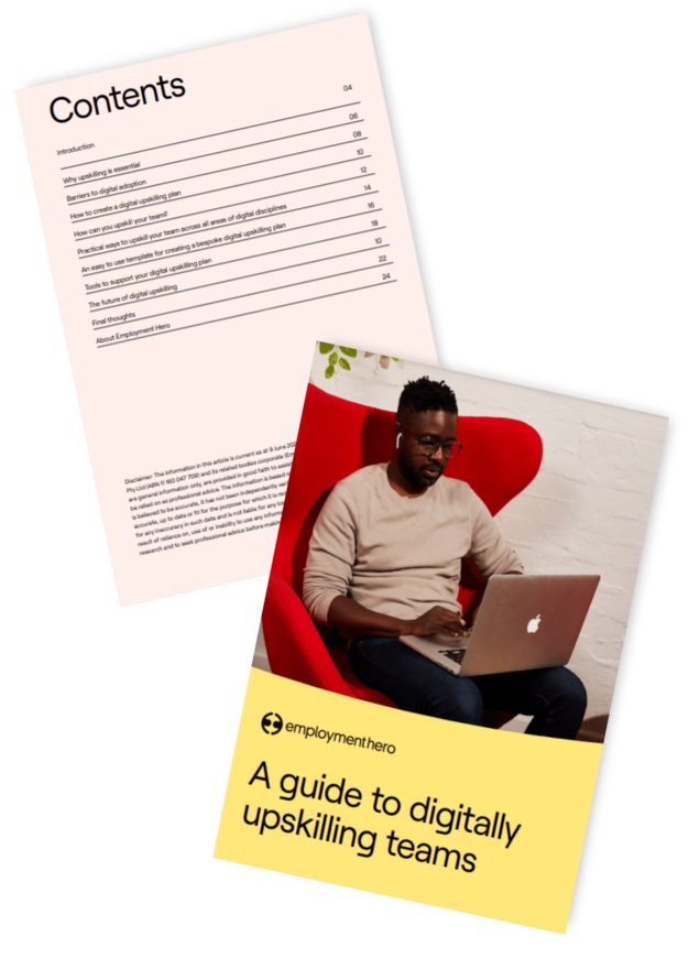 Cover and internal page of the guide titled 'A Guide to Digitally Upskilling Teams.'