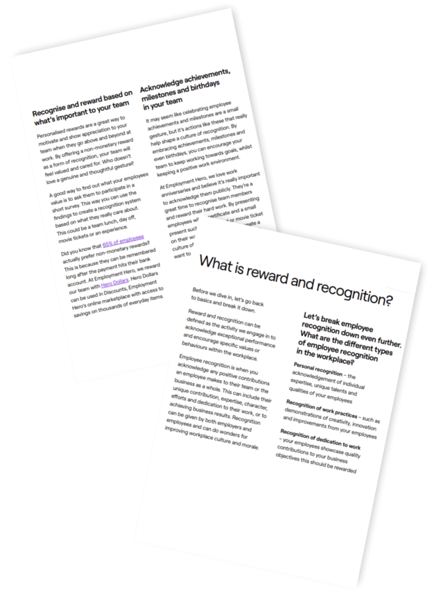 Two overlapping documents discussing employee rewards and recognition