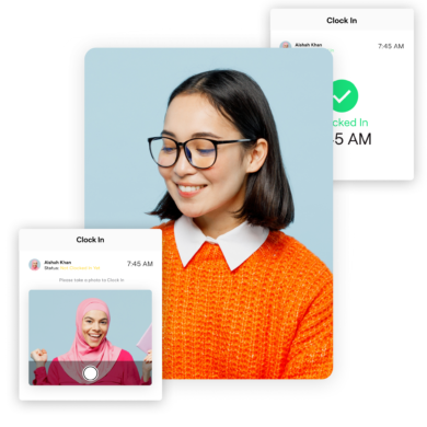A graphic showing a woman wearing glasses and an orange sweater, accompanied by screenshots of time and attendance clock-in notifications