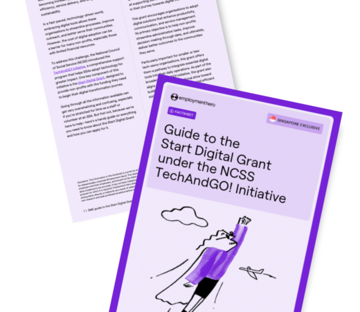 Two pages from 'Guide to the Start Digital Grant under the NCSS TechAndGO! Initiative' by Employment Hero, featuring a cover page with an illustration of Quinn as a superhero soaring through the skies