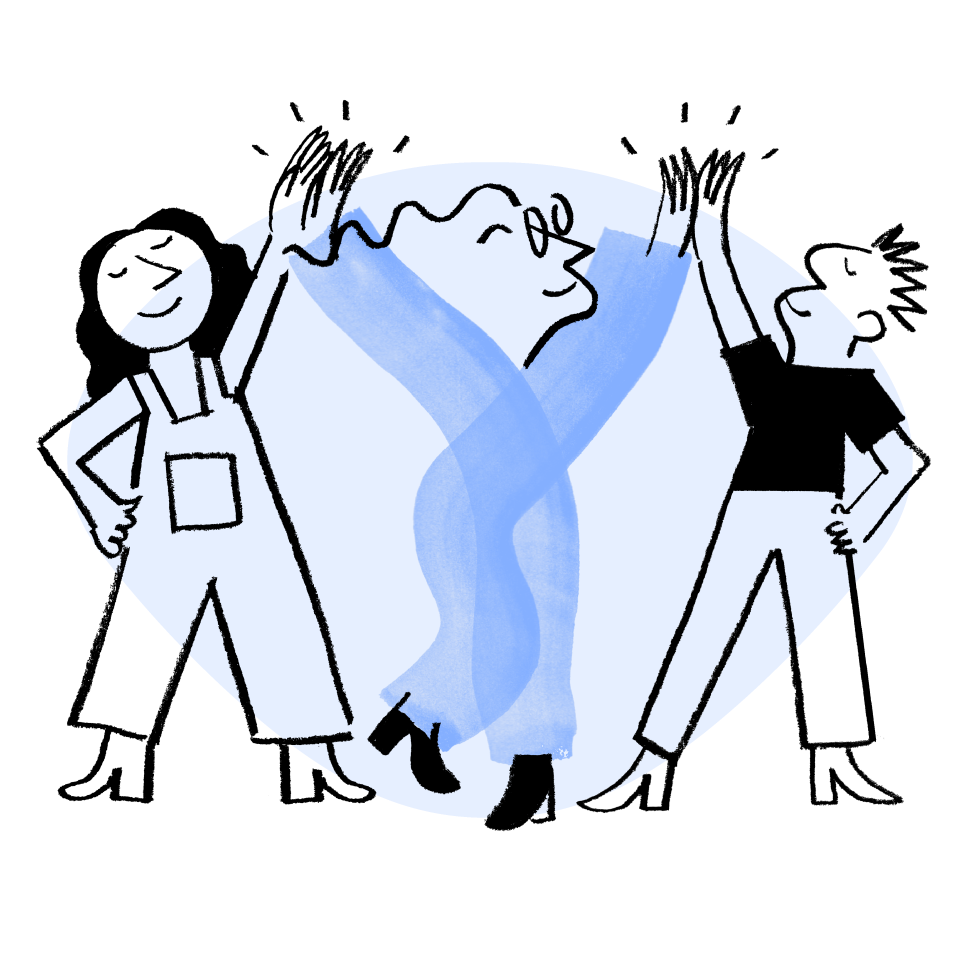An illustration of Quinn giving highfives to two people