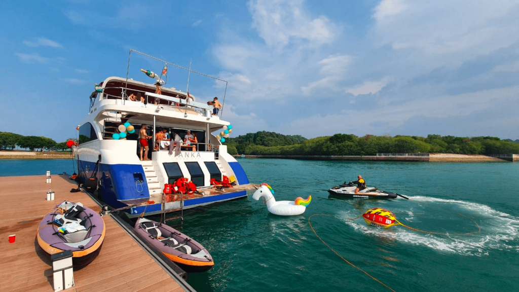 Team party on a yacht in blue water