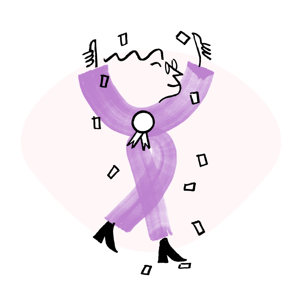 An illustration of Quinn, being showered by confetti, holding two thumbs up and an award ribbon attached on them