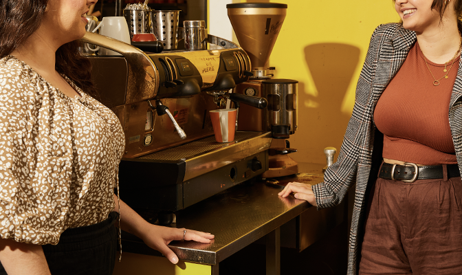 A snapshot of two women talking