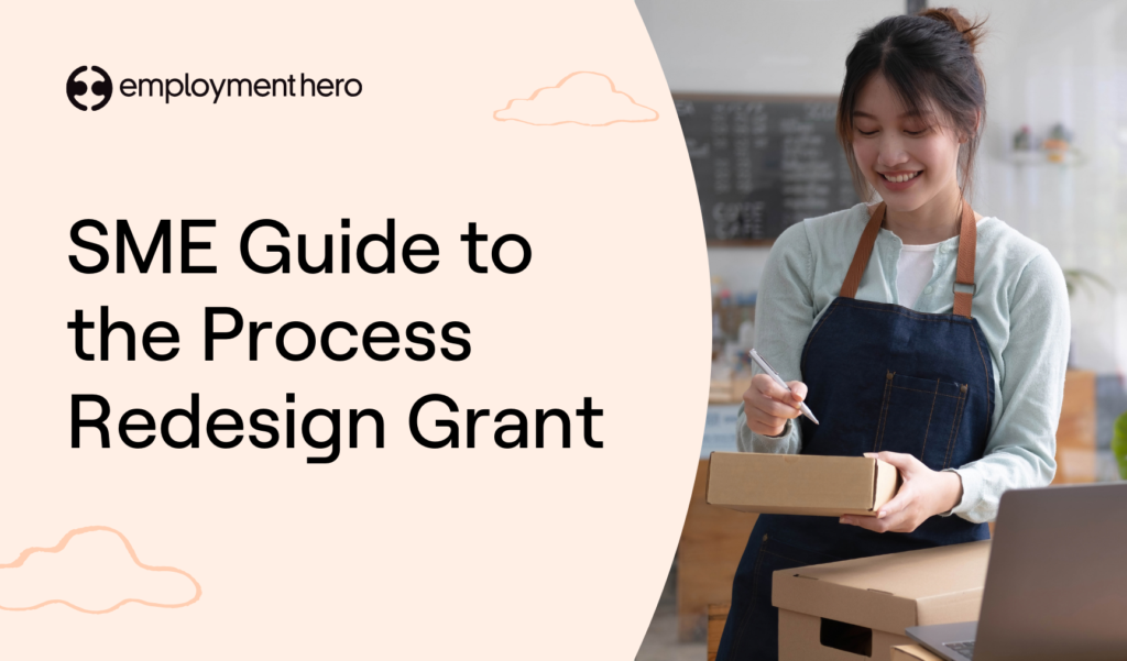 Graphic with the text 'SME Guide to the Process Redesign Grant' featuring a smiling woman in an apron packing a box. The background is light peach with cloud illustrations