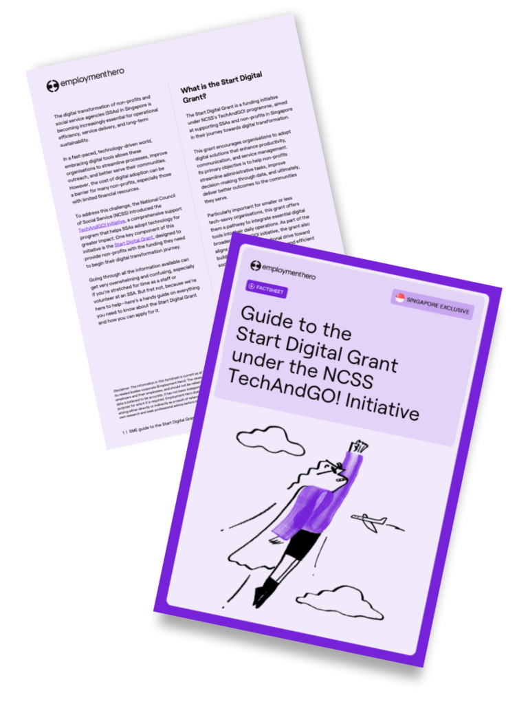 Two pages from 'Guide to the Start Digital Grant under the NCSS TechAndGO! Initiative' by Employment Hero, featuring a cover page with an illustration of Quinn as a superhero soaring through the skies