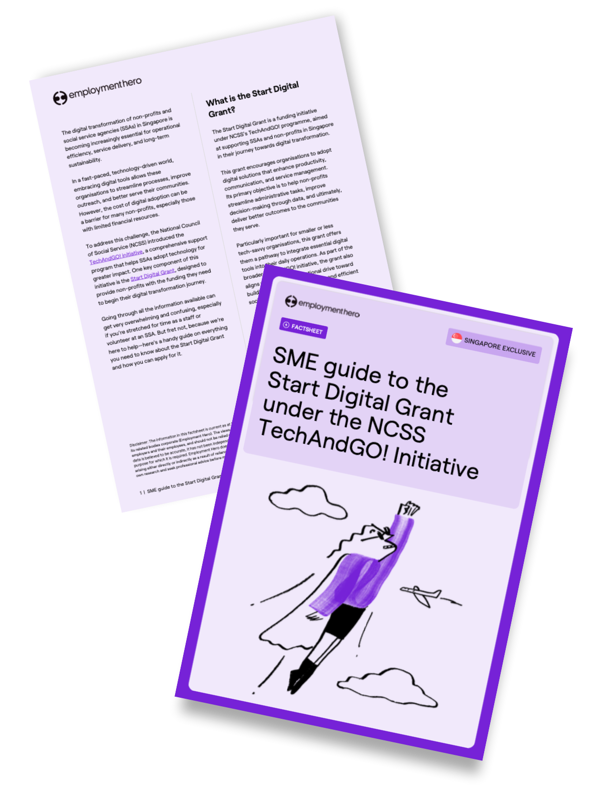 Two pages from 'Guide to the Start Digital Grant under the NCSS TechAndGO! Initiative' by Employment Hero, featuring a cover page with an illustration of Quinn as a superhero soaring through the skies
