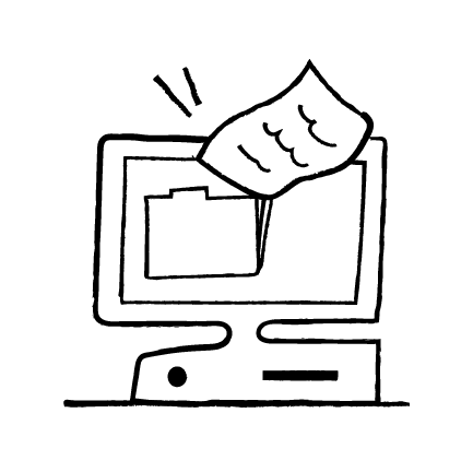 An illustration of a computer monitor displaying a folder icon and a file letter attached on it.