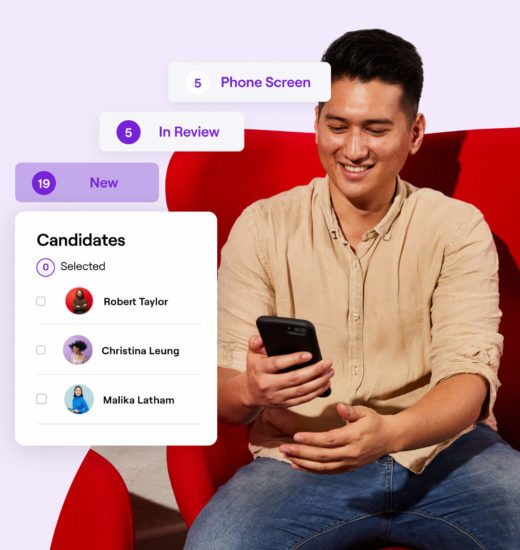A man sitting in a red chair, smiling at his phone, with a hiring dashboard showing candidate statuses.