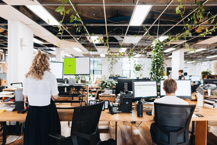 “Modern open-plan office with employees working at desks, decorated with hanging plants and natural light.”