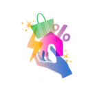 Hand holding to shopping bag, home, lightning and percentage icon