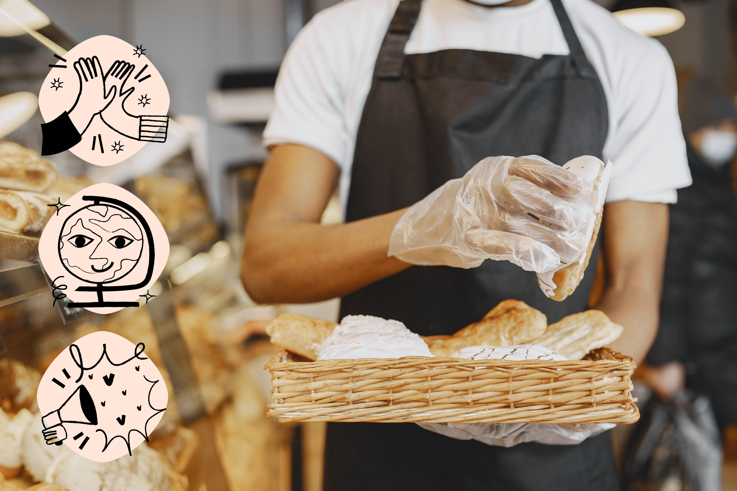 staff holding bread in a bakery