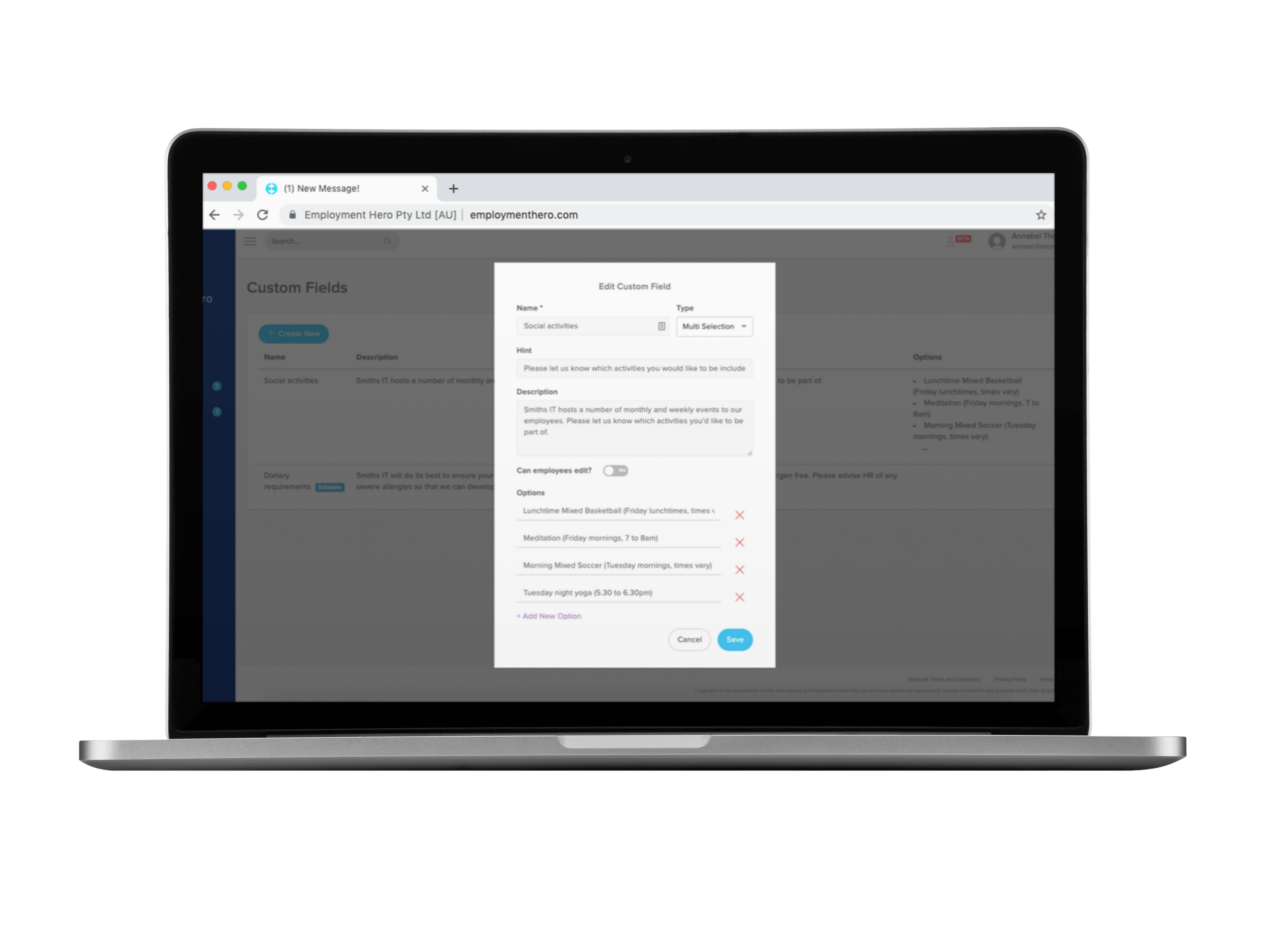 Employment Hero Custom Fields interface shown in a Macbook