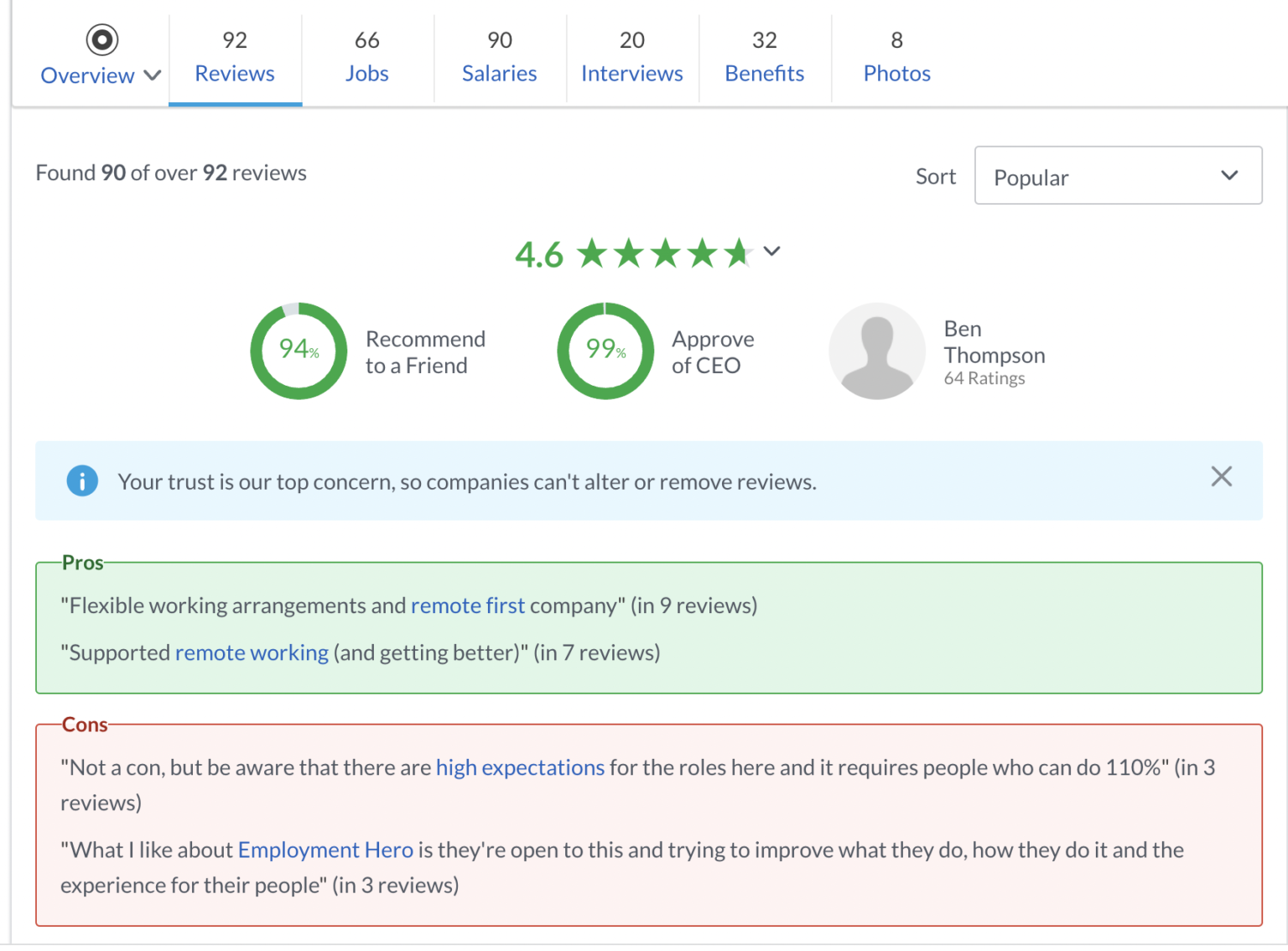 Screenshot of Employment Hero Glassdoor review